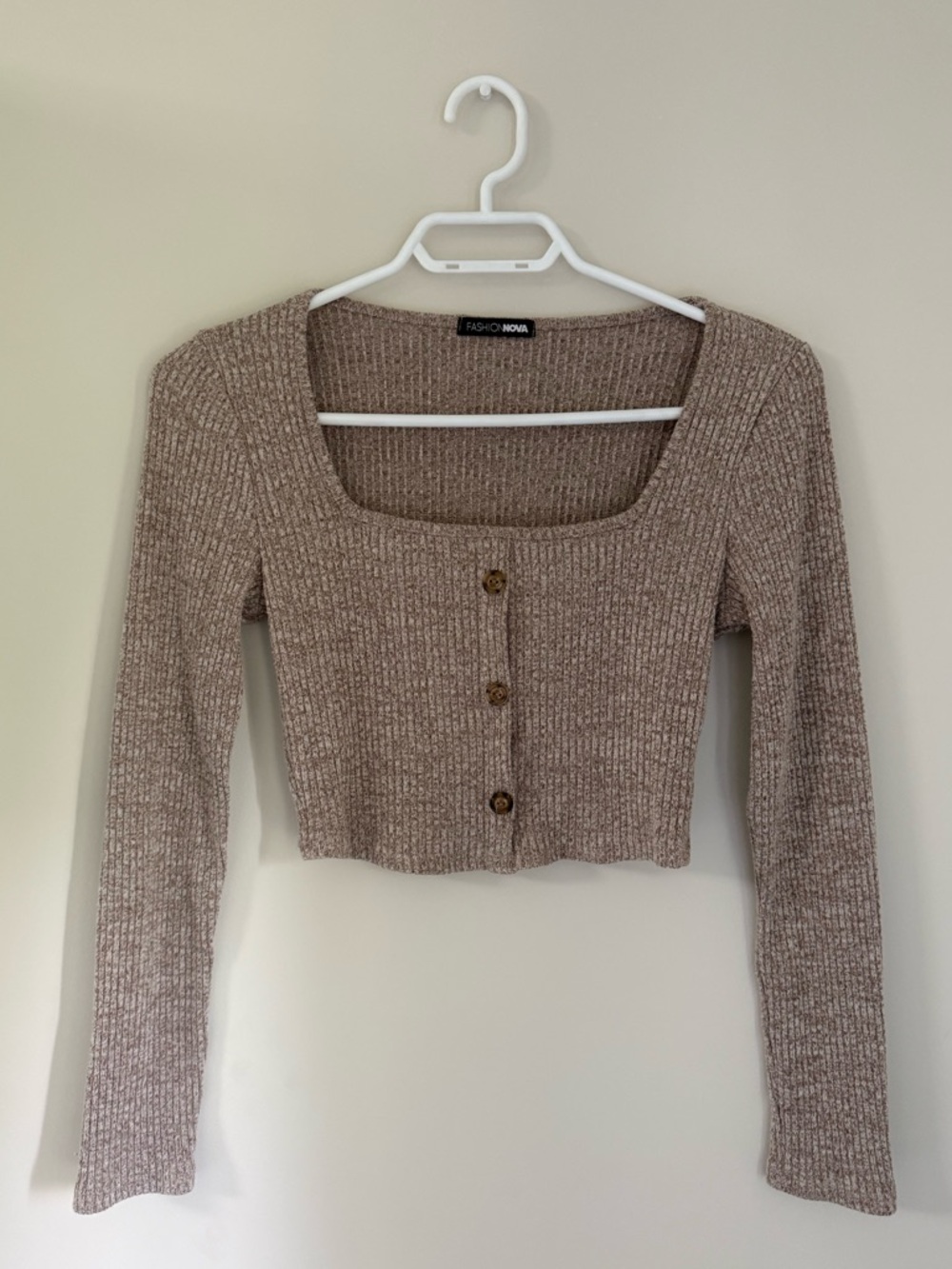 FASHION NOVA Ribbed Button-Front Square Neck Long Sleeve Crop Top Taupe EUC - Picture 4 of 10